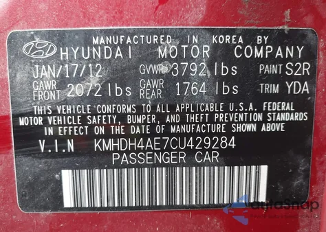 2012 Hyundai Elantra Gls (Ulsan Plant) z USA, uszkodzony, nr VIN KMHDH4AE7CU429284